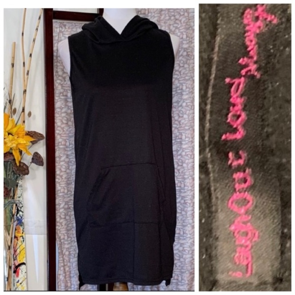 Laugh Out Loud black sleeveless hooded top.